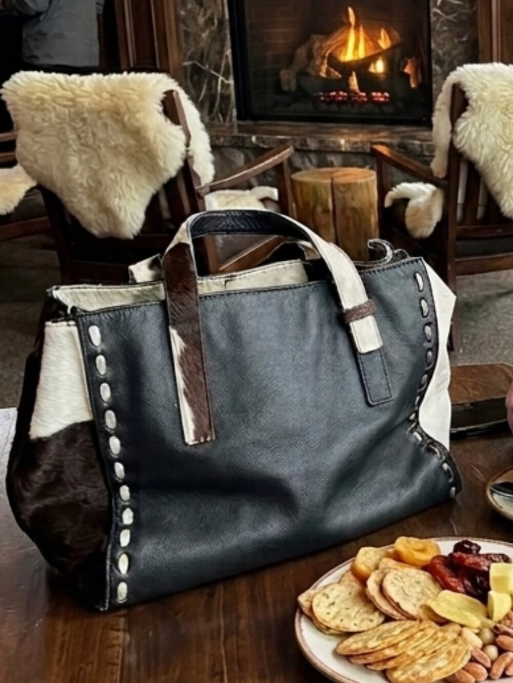 Italian Falor Leather and Hide Box-Style Handbag